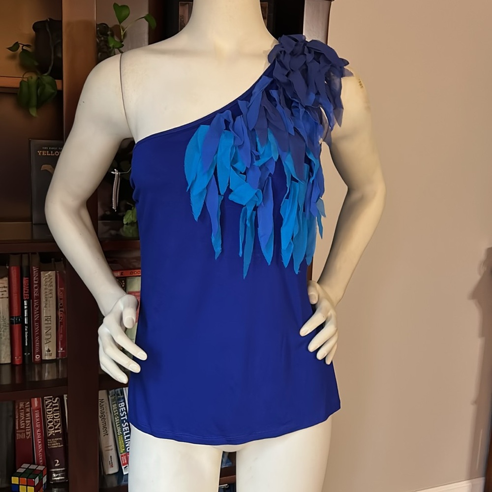 NWT Trina Turk Cobalt Blue Feathered One Shoulder Top